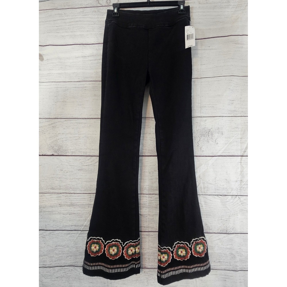 DRIFTWOOD Wyatt S Small Pull-On Flare Jeans Floral Embroidered Leg NWT $178 L760